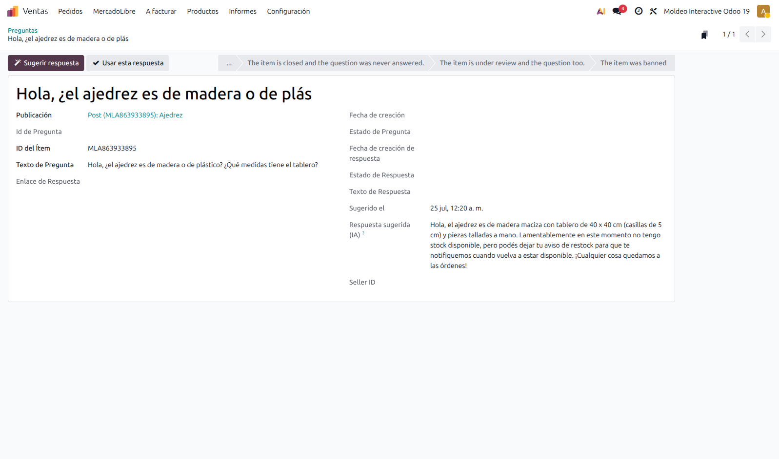 Respuesta sugerida a una pregunta del comprador