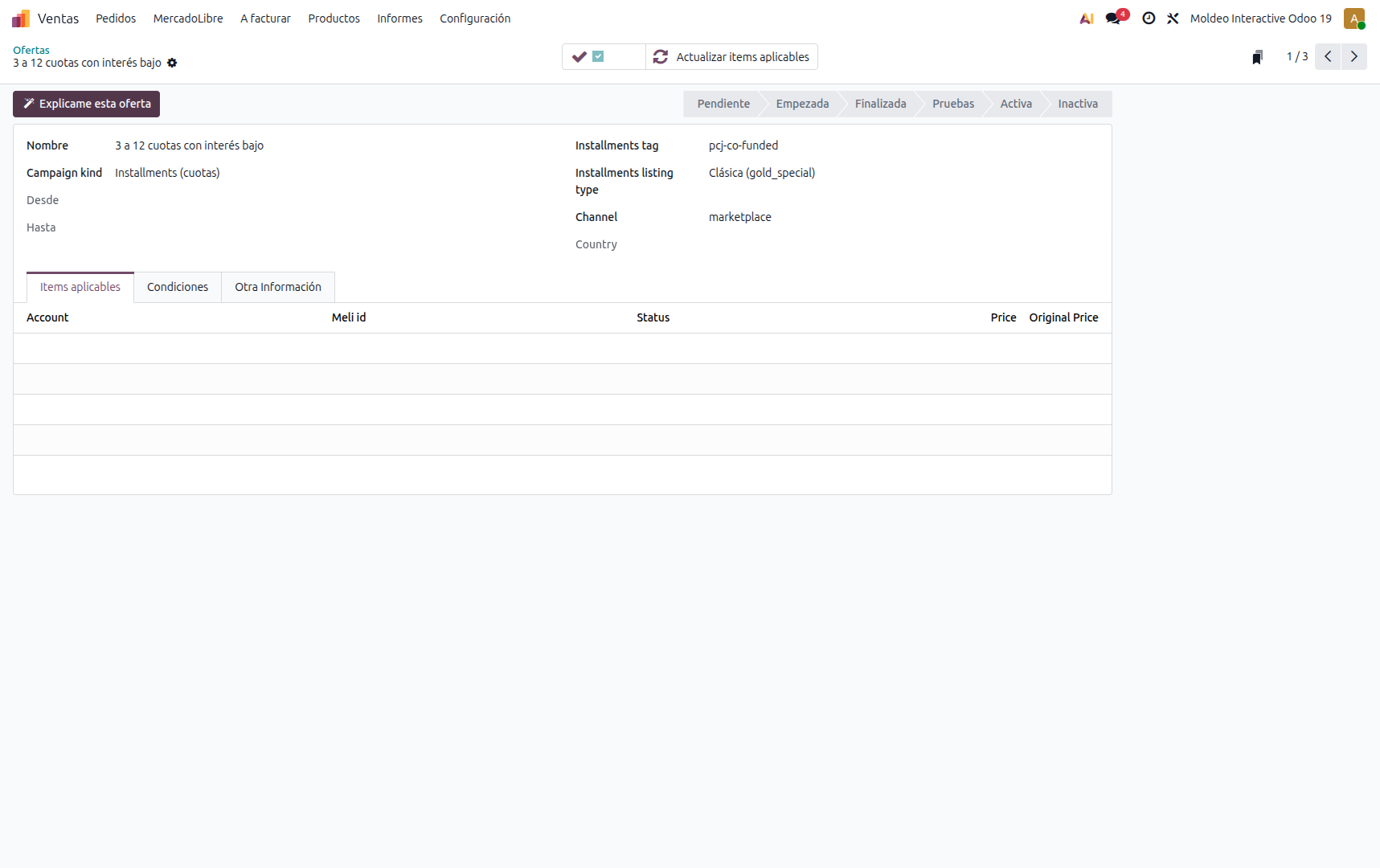 Configuración de cuotas y descuentos